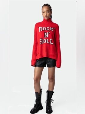 Zadig & Voltaire ALMA WE R&R Red Rock N' Roll Mockneck Merino Wool Sweater, XS